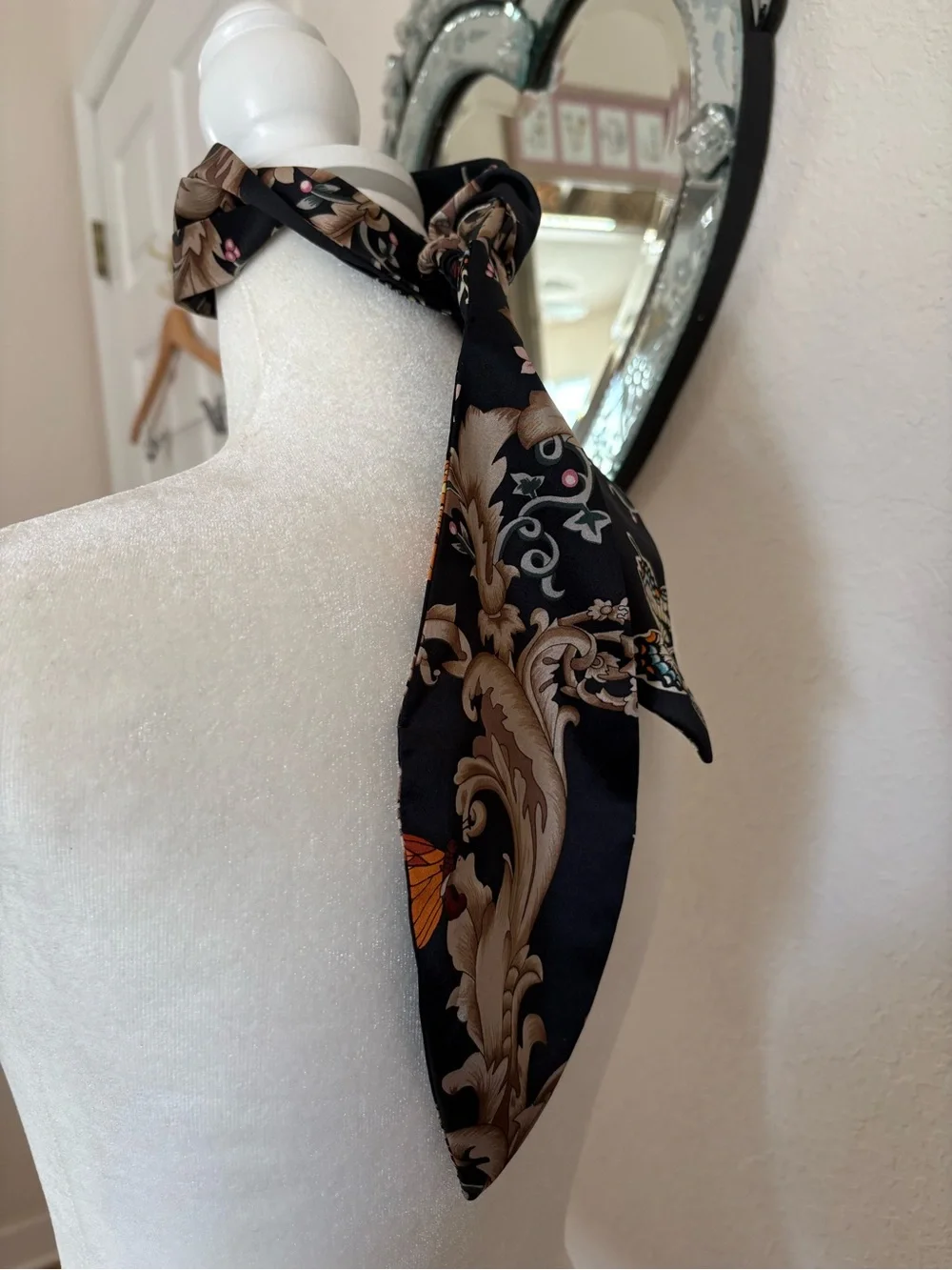 Eugenia Kim Black Silk Scarf with Beige Floral & Orange Butterfly Motif